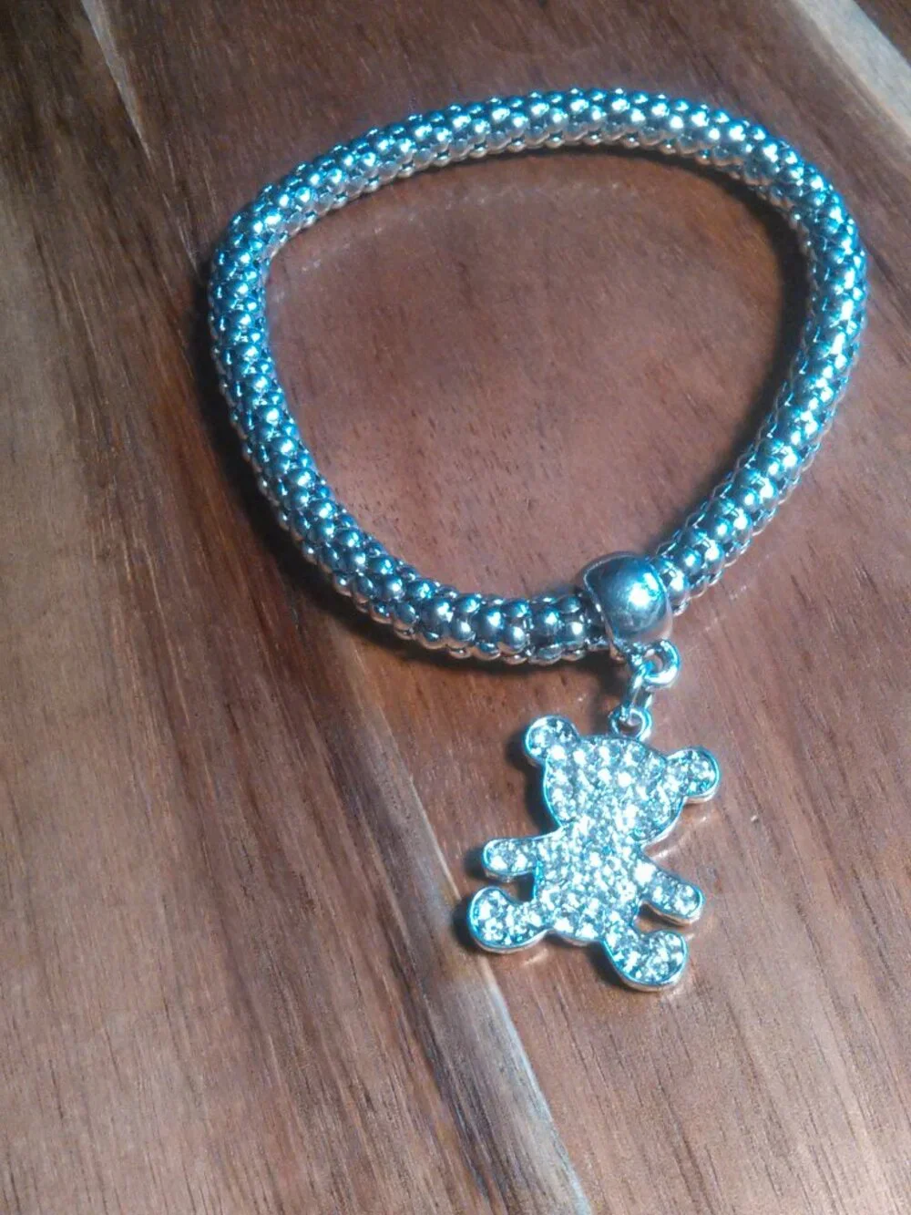 White Austrian Crystal Teddy Bear Silvertone Stretch Bracelet